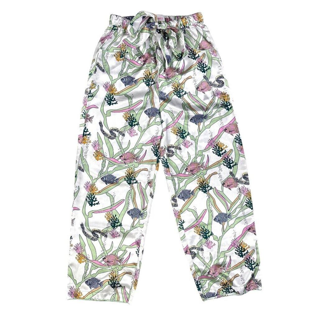 Oceanus - Tropical Print Tie Waist Silky PJ Pants in White Green & Pink
